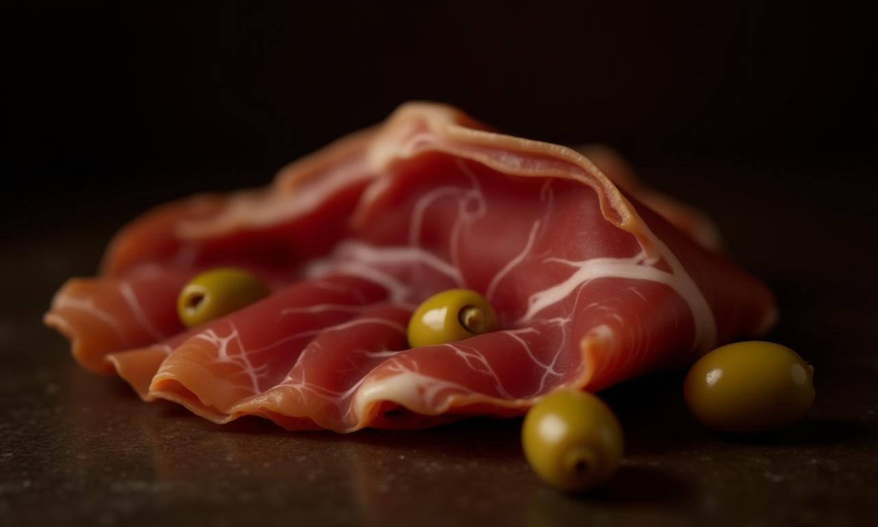 Bodegón de jamón ibérico loncheado y aceitunas