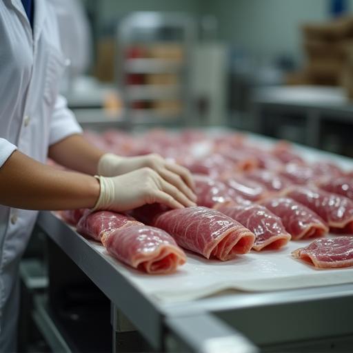 Empleado empacando jamón al vacío