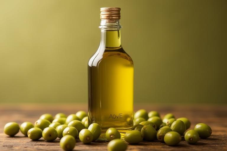 Botella de AOVE sobre fondo de olivas