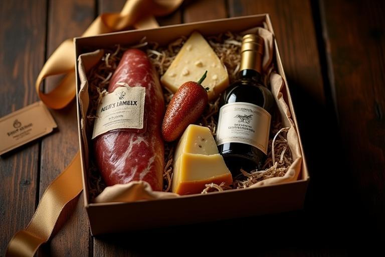 Caja regalo gourmet con jamón, queso y aceite